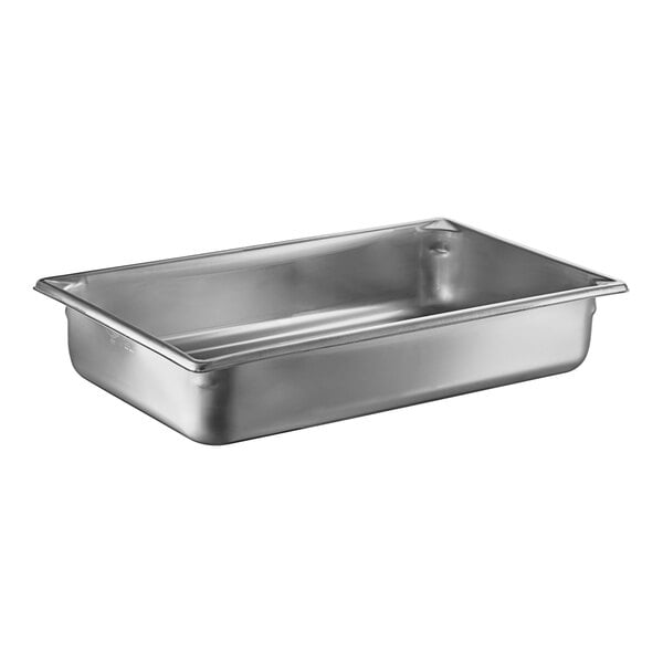 A full-size, 4-inch deep stainless steel steam table or hotel pan.