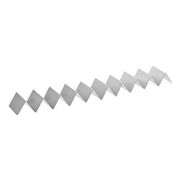A stainless steel full-size taco holder with nine or ten compartments arranged in a zigzag pattern.