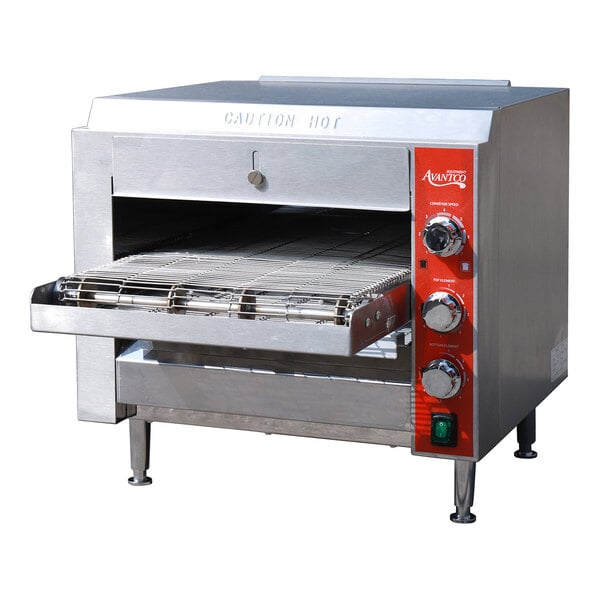 A stainless steel countertop ventless radiant electric conveyor oven with a 14-inch wide belt and control knobs on the side.