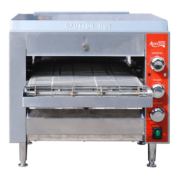 A stainless steel countertop ventless radiant electric conveyor oven with a 10 1/2 inch wide belt and control knobs on the right side.