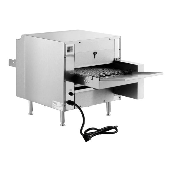 A stainless steel countertop ventless radiant electric conveyor oven with a 10 1/2 inch wide belt and power cord.
