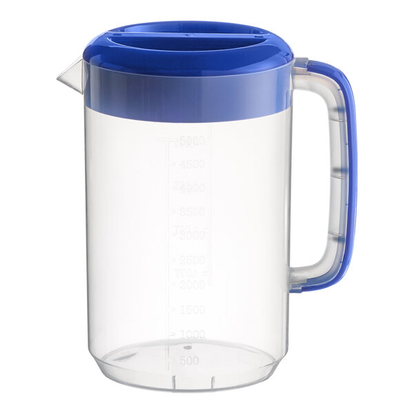 A clear plastic beverage pitcher with a blue lid and handle.