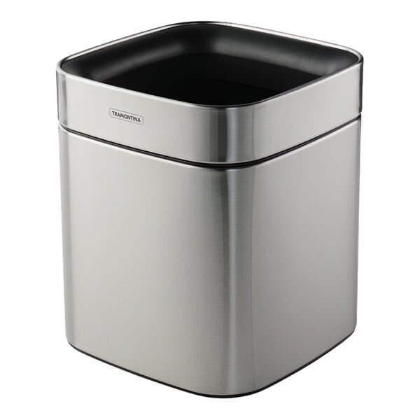 A 2-gallon stainless steel square wastebasket.