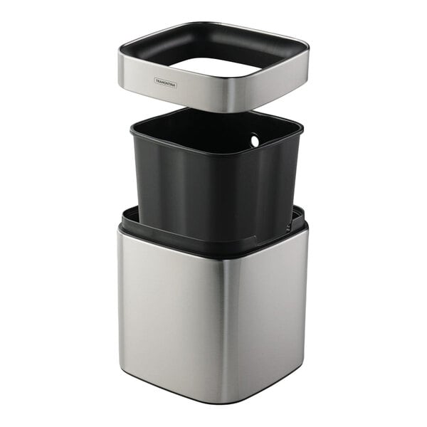 A stainless steel square wastebasket with a removable inner bin and lid.