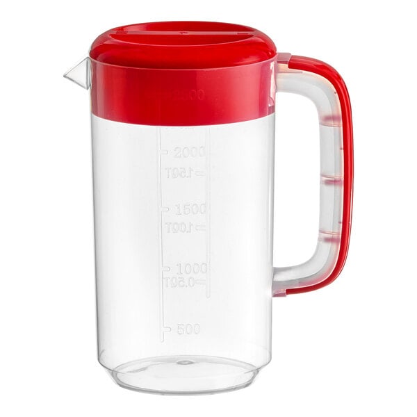 A clear polypropylene beverage pitcher with a red lid and handle, featuring measurement markings on the side.