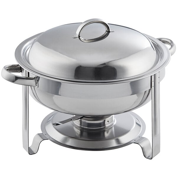 A round stainless steel chafer with chrome accents and a lid, designed for keeping food warm at events.