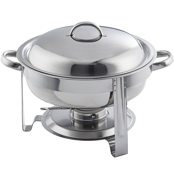 A round stainless steel chafer with chrome accents and a lid, designed for keeping food warm at events.