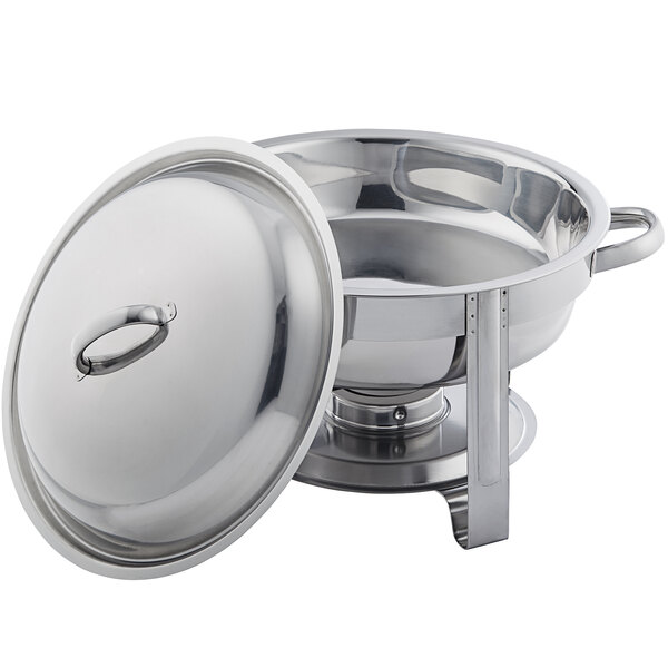 A round stainless steel chafer with chrome accents and a removable lid.