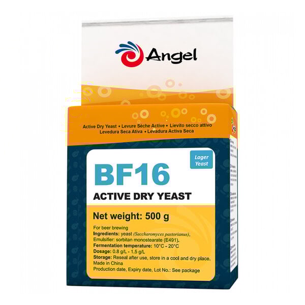A 500-gram package of Angel BF16 active dry lager brewing yeast.