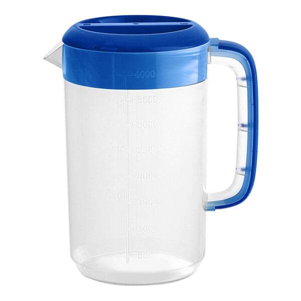 A clear plastic beverage pitcher with a blue lid and handle.