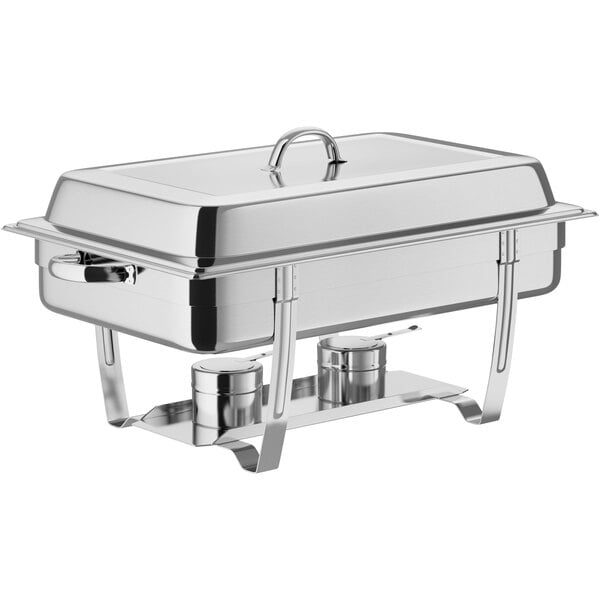 A stainless steel full-size stackable chafer with a lid and two fuel holders underneath.