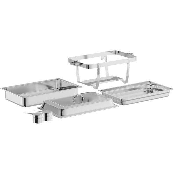 A stainless steel full-size stackable chafer set with a lid, two food pans, a frame, and two fuel holders.