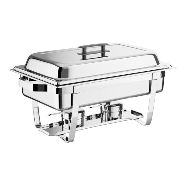 A full-size stainless steel chafing dish with a rectangular shape and a lid, designed for keeping food warm at events.