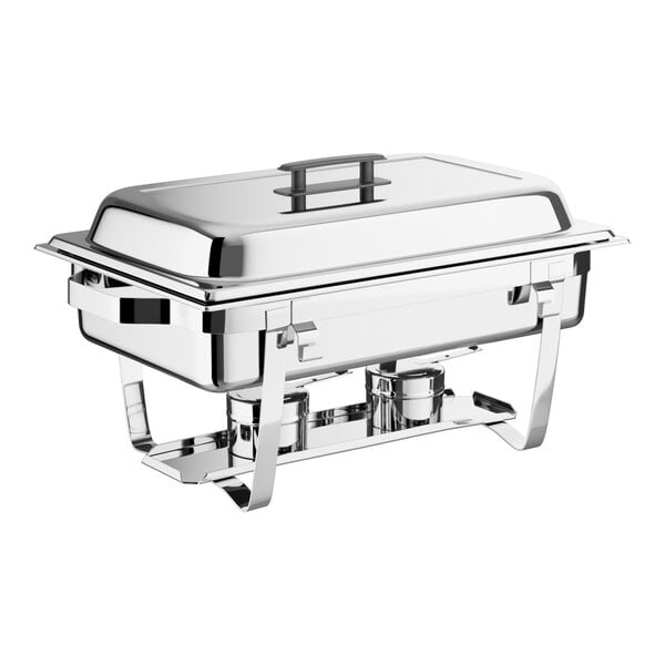 A full-size stackable stainless steel chafer with a rectangular shape and lid, designed for serving hot food at events.