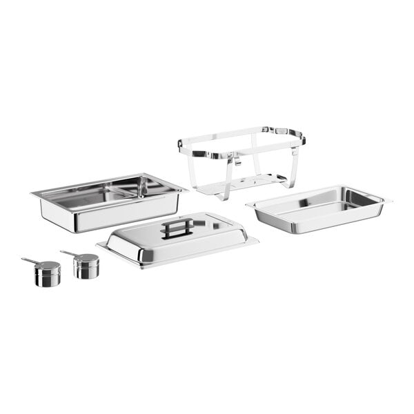 A set of stainless steel chafing dish components including pans, a lid, a frame, and fuel holders.