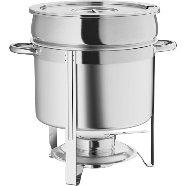 A stainless steel soup chafer with chrome accents and a lid, designed for serving and keeping soup warm.