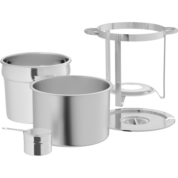 A set of stainless steel components for a 7-quart chrome accent marmite soup chafer.