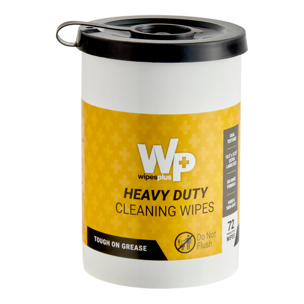 A canister of WipesPlus heavy duty cleaning wipes containing 72 no-rinse surface wipes.