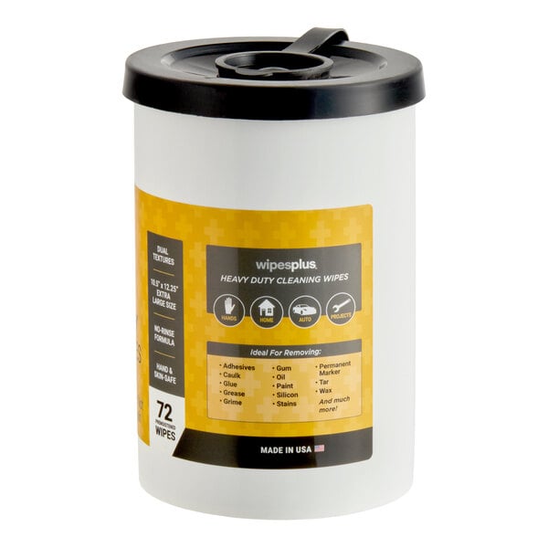 A canister of WipesPlus heavy-duty cleaning wipes containing 72 no-rinse wipes.