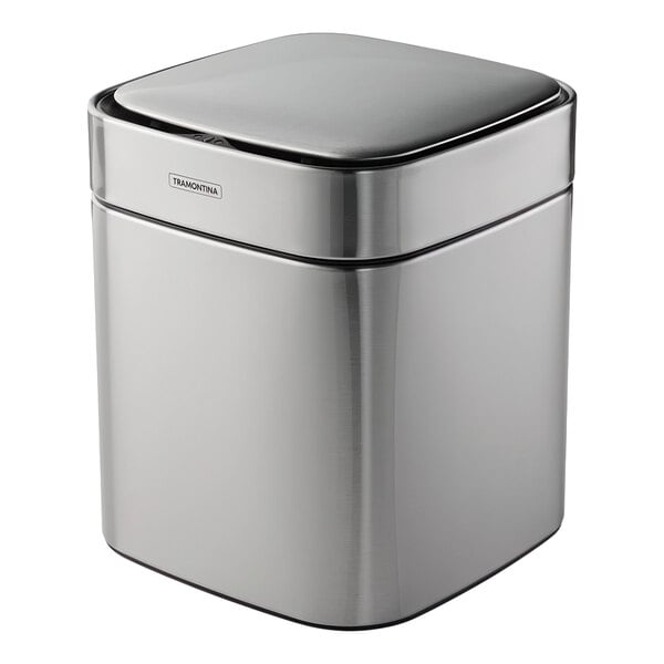 A 2-gallon stainless steel square wastebasket with an automatic lid.