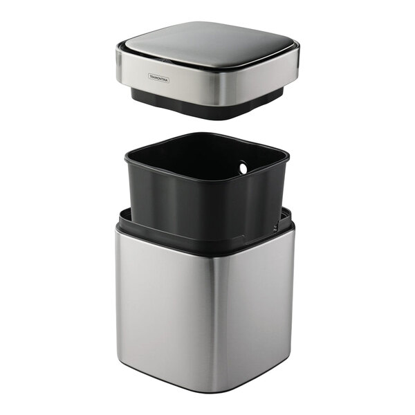 A 2-gallon stainless steel square wastebasket with an automatic lid and removable inner bin.
