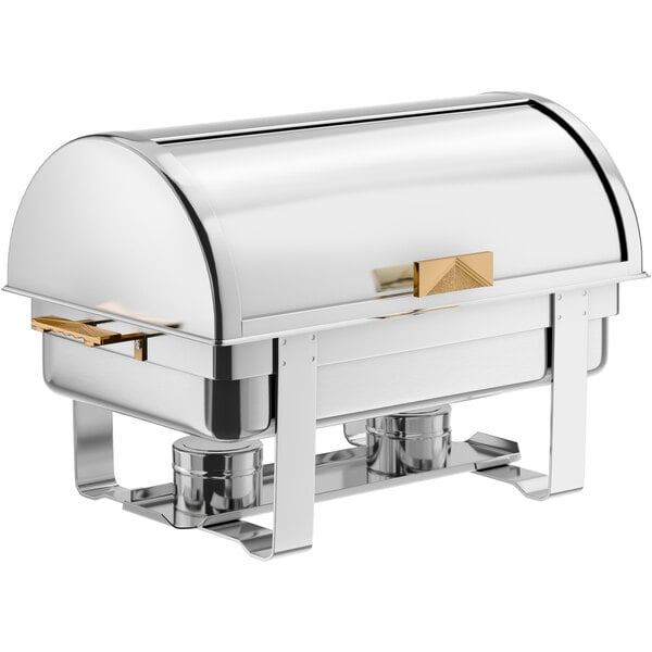 A stainless steel full-size roll top chafer with gold accents and two fuel holders underneath.