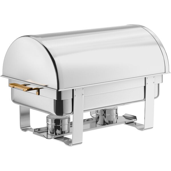 A stainless steel full-size roll top chafer with gold accents designed for buffet food service.