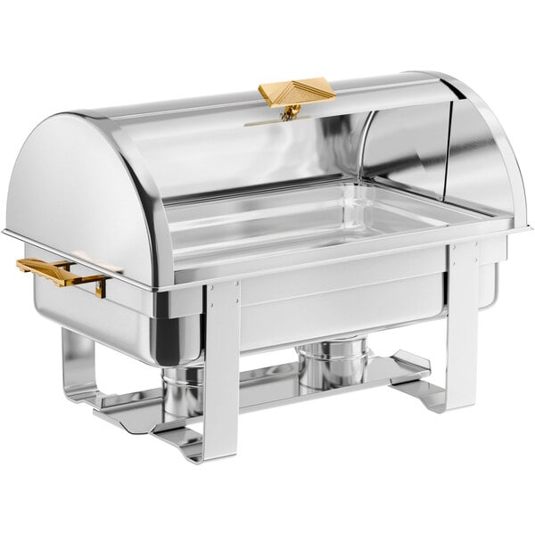 A stainless steel full-size roll top chafer with gold accents designed for buffet food service.