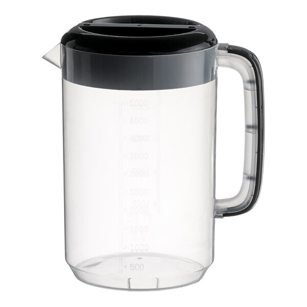 A large clear plastic beverage pitcher with a black lid and handle.