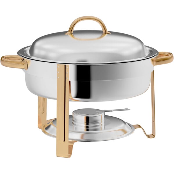 A round stainless steel chafer with gold accents and a lid, designed for keeping food warm at events.