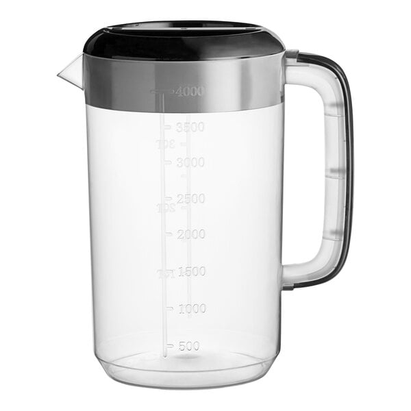 A clear 1-gallon polypropylene beverage pitcher with a black lid and handle.