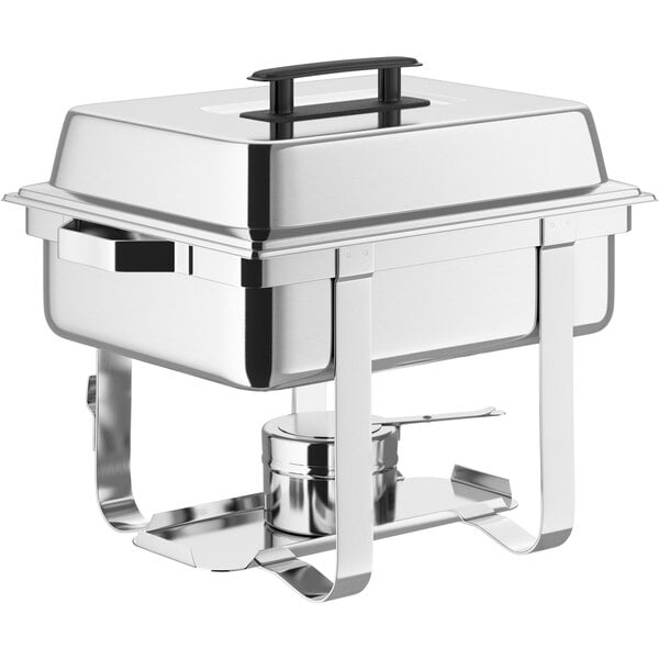 A stainless steel half size chafer with a lid and fuel holder, designed for keeping food warm at events.