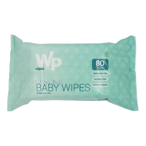 A package of WipesPlus ultra soft baby wipes containing 80 unscented, alcohol-free, hypoallergenic wipes.