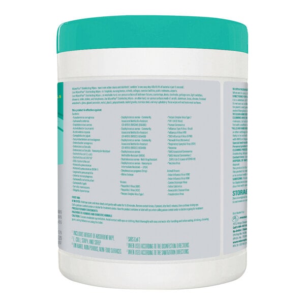 A container of WipesPlus alcohol-free lemon scent surface disinfecting wipes.