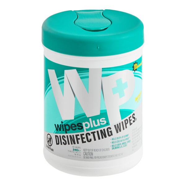 WipesPlus 6" x 6 3/4" 240-Count Lemon Scent Alcohol-Free Surface Disinfecting Wipes Canister - 6/Pack
