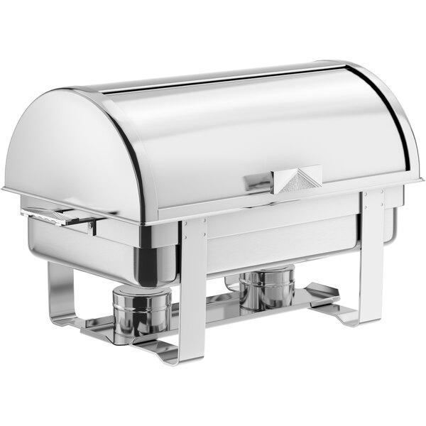 A stainless steel full-size roll top chafer with chrome accents and two fuel holders underneath.