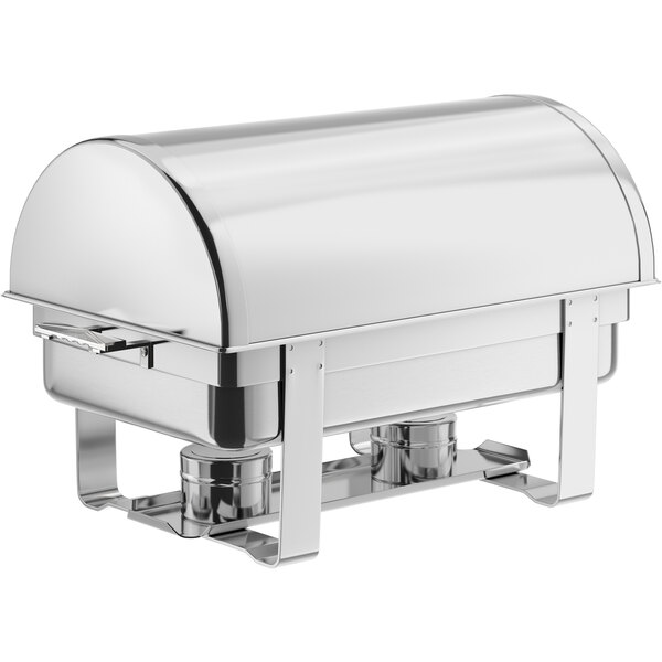 A stainless steel full-size roll top chafer with chrome accents designed for buffet food service.