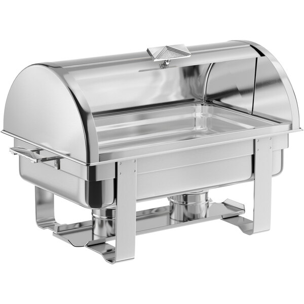 A stainless steel full-size roll top chafer with chrome accents designed for serving hot food at events.