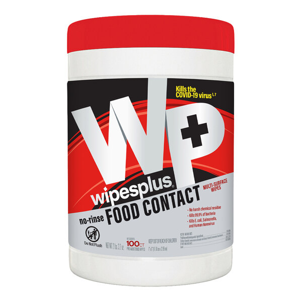 A canister of WipesPlus no-rinse food contact surface sanitizing wipes containing 100 wipes.