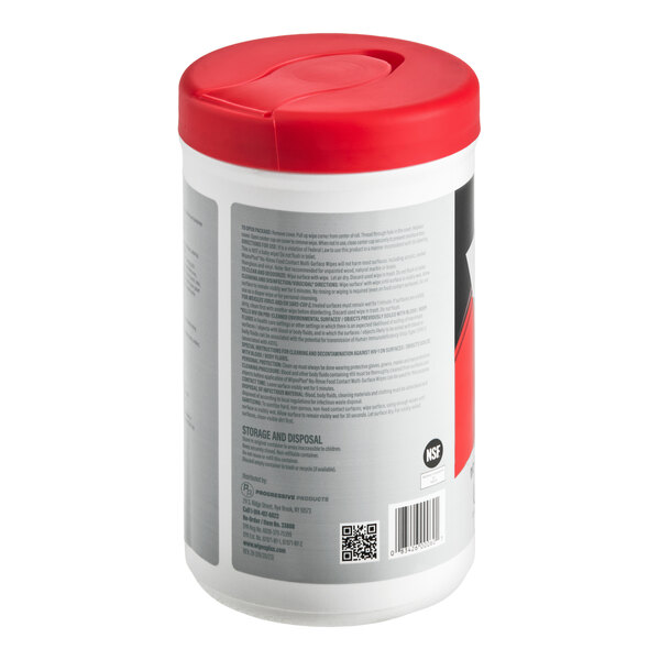A white canister with a red flip-top lid, featuring a label with text and a QR code on the back.