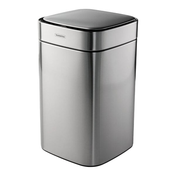 A stainless steel square wastebasket with an automatic lid.