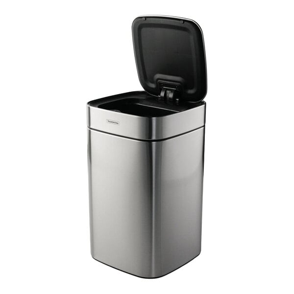 A stainless steel square wastebasket with an automatic lid, shown with the lid open.