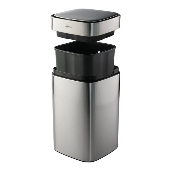 A stainless steel square wastebasket with an automatic lid and removable inner bin.