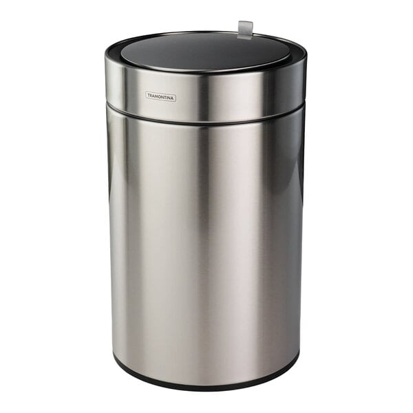 A stainless steel round wastebasket with an automatic lid.