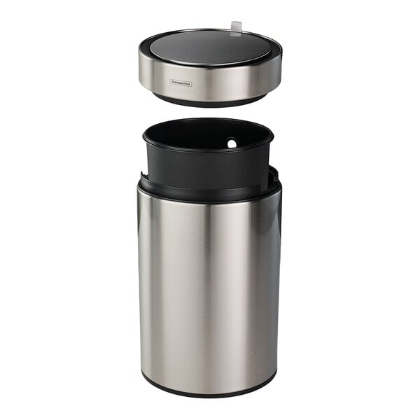 A stainless steel round wastebasket with an automatic lid and a 3-gallon capacity.