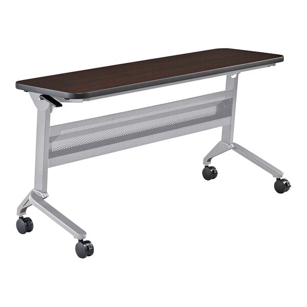 Safco 18" x 60" Flip-N-Go Mocha Laminated Rectangular Top Seminar Table with Silver Base