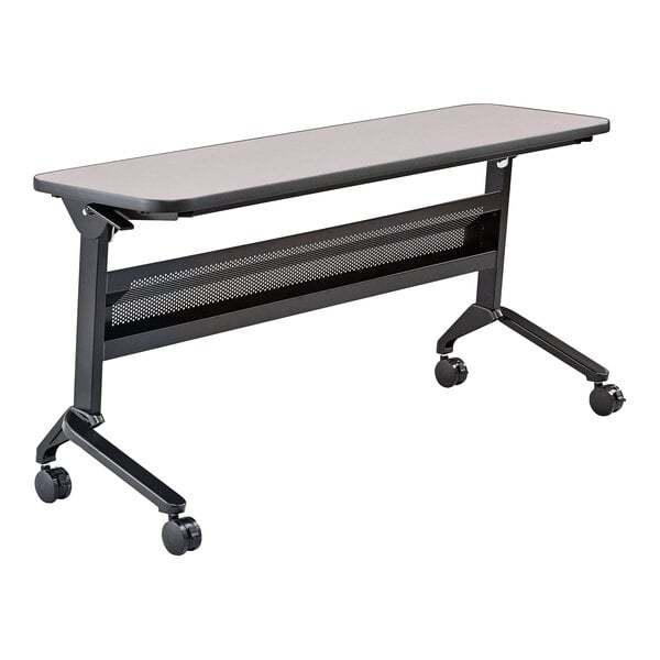 A rectangular seminar table with a folkstone laminated top and a black base on wheels.