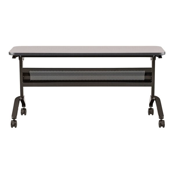 A rectangular seminar table with a folkstone laminated top and a black base on wheels.