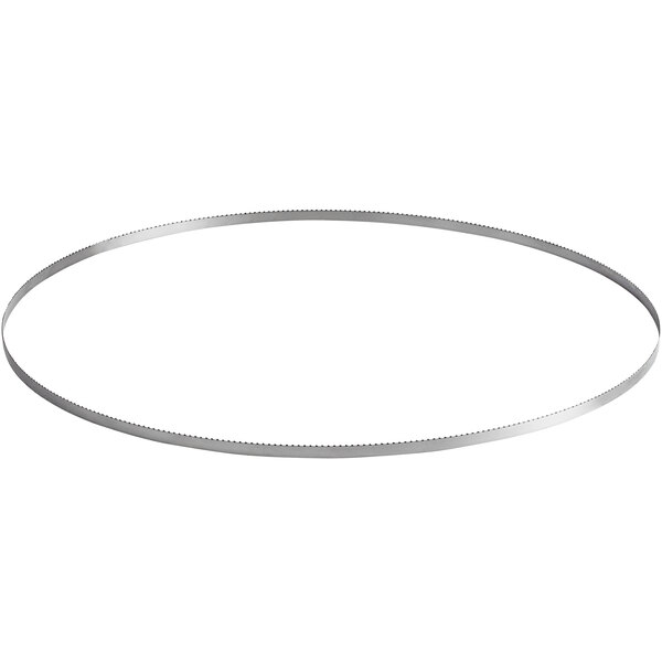 A metal band saw blade with evenly spaced teeth, designed for use with the Avantco EMBS94SS saw.