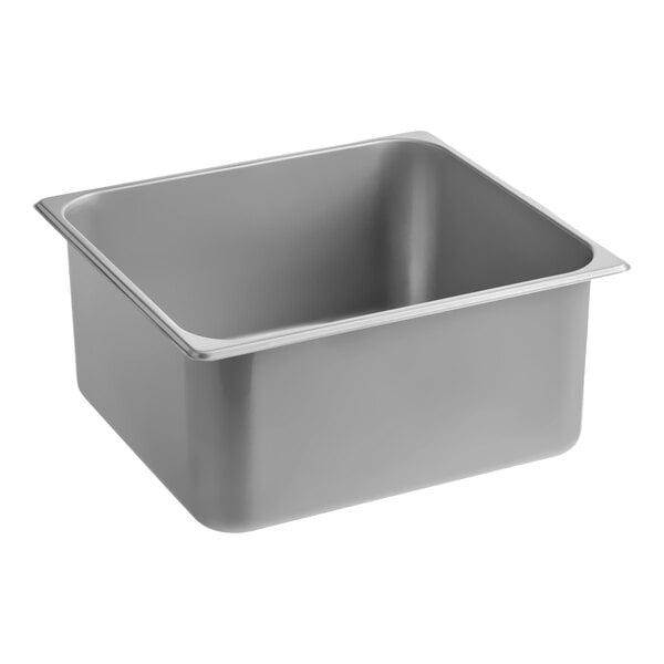 A stainless steel 2/3 size, 6-inch deep breading lug designed for use with breading machines.